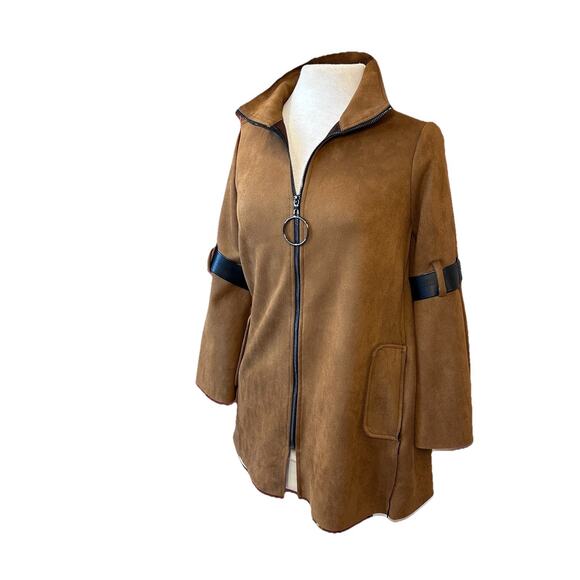 Joseph Ribkoff Swing Jacket Women 6 Brown Vegan Suede Bell Sleeves Full Zip - Picture 9 of 9